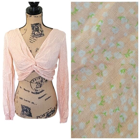 UO peach ditzy floral blouse, size small, wrap knot crop top, long sleeve v-neck - Picture 2 of 5